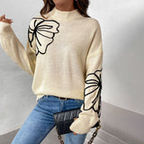 Black Friday Dodobye Casual Knitted Turtleneck Sweaters Women Retro Loose Flower Printed Pullover Sweater Female Autumn Thin Chic Versatile Tops