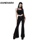 Dodobye American High Street Dark Gothic Cross Embroidered Bell Bottom Pants for Women's Outfit High Waisted Slimming Y2k Pants