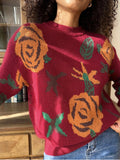 christmas outfit Dodobye Long Sleeves Loose Flower Print Round-Neck Pullovers Sweater Tops