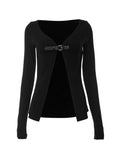 Dodobye-V Neck Belted Buckle Slit Cropped Long Sleeve Tee