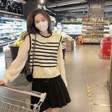 Black Friday Dodobye Black White Striped Knitted Sweater Women Korean Fashion Lantern Sleeve Fall Winter Sweet Fake Two-Piece Pullover School Jumpers