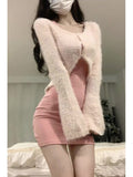 Dodobye Autumn Sexy Strap Y2k Mini Dress Sets Women Pink Sweet Sweater Tops Elegant Bodycon Slim 2 Piece Skirt Dress Korean Fashion 2025