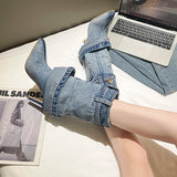 Dodobye 2024 Women's Autumn/Winter Denim Fine High Heel Skirt Boots Fashion Pointed Large Women's Four Seasons Short Boots