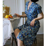 Dodobye Ultramarine Floral Pattern Vintage Dress That Secretly Blooms Quietly