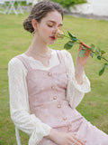 Dodobye Baby Pink Rose Embroidery Denim Strap Dress And Lace Blouse