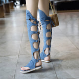 thanksgiving outfit Dodobye shoes clip toe sandals blue  jeans flat shoes women summer gladiator booties sandalias mujer size 43