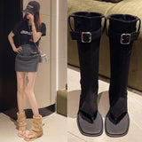 Dodobye Square Toe Clip Low Heel Fabric High Tube Cool Boots 2025  New Splicing Sleeve Belt Buckle Low Heel Mid Tube Summer Women's Boots