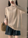 christmas outfit Dodobye High-Low Long Sleeves Contrast Color Split-Joint Split-Side High Neck Pullovers Sweater Tops