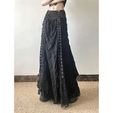 Dodobye Y2k Vintage Temperament Lace Mesh Pleated Skirt Women High Waist Fairy Bow Slim Bandage Design Chic Harajuku A-line Long Skirts