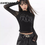 Dodobye American Retro Black Mesh Round Neck Long Sleeve Blouses Summer Sexy Tight Fitting Crop Corset Top Shibuya Streetwear