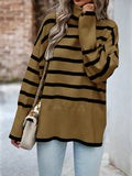 christmas outfit Dodobye Long Sleeves Loose Contrast Color Split-Side Striped High Neck Pullovers Sweater Tops