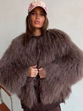 christmas outfit Dodobye New Fashion Burgundy Oversized Fluffy Faux Fur Coat 2024 Chic Women O-neck Long Sleeved Warm Jacket Winter Lady Loose Streetwear