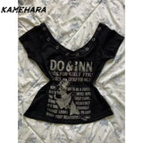 Dodobye E-girl Gothic Grunge Top Millennium Y2K Punk Rock Black Letter T-shirt Top Striped Strap American Design Two Piece Set