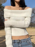 Dodobye-Long Sleeve Off-Shoulder Plain Ribbed-Knit Sweater