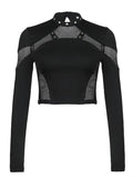 Dodobye-Long Sleeve Mesh Panel Plain Crop Top