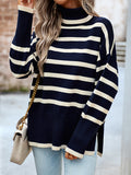 christmas outfit Dodobye Long Sleeves Loose Contrast Color Split-Side Striped High Neck Pullovers Sweater Tops