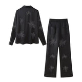 thanksgiving outfit Dodobye 2024 Spring Summer Casual Beading Floral Women Suits Fashion Embroidery Single Breasted Shirts+Midi Waist Long Pants