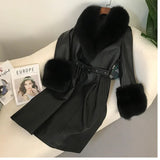 thanksgiving outfit Dodobye 2024 New Women's Leather Jacket With Fox Fur Collar Long Fashionable Elegant Waist-Fitted Sheepskin Overcoat For Autumn/Winter