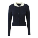 christmas outfit Dodobye Women Contrast Color Lapel Collar Cable Twist Knitted Cardigan Center Buttons Sweater Full Sleeve Short Jumper Navy