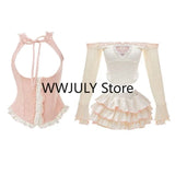 Dodobye Autumn Kawaii Sweet 3 Piece Set Skirt Girls Casual Crop Tops + Fashion Slim Cake Skirt + Pink Vest Japanese Lace Suit 2025 New