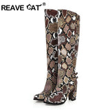 thanksgiving outfit Dodobye Women Knee Boots Round Toe Pattern Hight Heels Thick Heel Side Print Big size 34-43