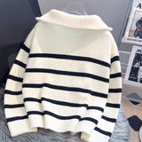 Black Friday Dodobye Korean Striped Knit Pullover Women Half Zip Casual Loose Lazy Autumn Winter Jumpers Pretty Style Basic Warm Female Sweater