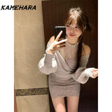 Dodobye Japanese Lace Neck Knitted Sweater Autumn High Waisted Hip Hugging Skirt Sexy Off Shoulder Sweater Sweet Two Piece Sets