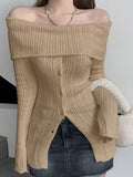 Dodobye-Long Sleeve Off-Shoulder Ribbed-Knit Sweater