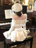 Dodobye Elegant Vintage 2 Piece Sets Women Sweet Flower Lace Slash Neck Knitted Tops + Y2k Mini Cake Skirts Korean Fashion Lolita Suits