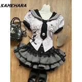 Dodobye Lolita Girl Inspired College Style Lace Patchwork Lace Waist Slimming Shirt Black Striped Cake Fluffy Short Skirt Sets