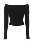 Dodobye-Long Sleeve Off-Shoulder Plain Ribbed-Knit Sweater