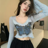 Black Friday Dodobye Butterfly Denim Patchwork Sweater Women Jazz V-Neck Flare Sleeve Hollow Out Knitted Pullover Hot Slim Sexy Cropped Tops