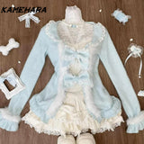 Dodobye Sweet Lolita Lace Bow Plush Cardigan Sexy Slim Fit Strapless Vest Tops High Waist Ruched Skirts Winter Three Piece Sets