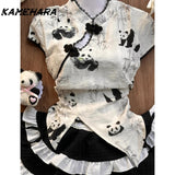 Dodobye Cute Girl New Chinese Panda Print Tops High Waist Slimming Fluffy Cake Skirts Maid Apron Sweet Sets Кастюмы Для Женщин