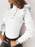 christmas outfit Dodobye Long Sleeves Skinny Buttoned Falbala Split-Joint High-Neck Pullovers Sweater Tops