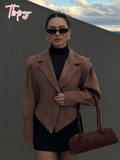 christmas outfit Dodobye 2025 Retro Solid Pleated Shoulder Short Suede Jackets Women Fashion One Button Lapel Irregular Hem Slim Coat Fall Lady Outerwear