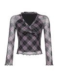 Dodobye-V Neck Plaid Mesh Bow Decor Long Sleeve Tee