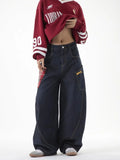 Dodobye 90s Streetwear New American Style Splicing Plaid Washed Cargo Pants Women Retro Wide Leg High Waisted Baggy Jeans Women Hip Hop Denim Pants