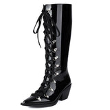 thanksgiving outfit Dodobye Patent Leather Women Knee High Boots Pointed Toe Chunky Heel 6.5cm Lace Up Decor Size 44 45 46 Booties