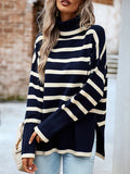 christmas outfit Dodobye Long Sleeves Loose Contrast Color Split-Side Striped High Neck Pullovers Sweater Tops