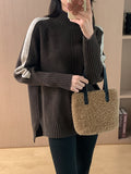 christmas outfit Dodobye High-Low Long Sleeves Contrast Color Split-Joint Split-Side High Neck Pullovers Sweater Tops