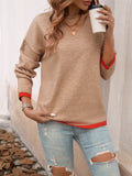 christmas outfit Dodobye Long Sleeves Loose Contrast Color V-Neck Pullovers Sweater Tops