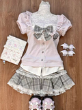 Dodobye Japanese Sweet Preppy Style Skirt Set Women Kawaii Lace Patchwork Bow Tops + Y2k Plaid Mini Skirt Elegant Outifits 2 Piece Set