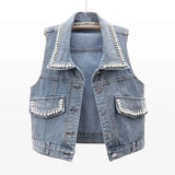 Dodobye 2025 New Autumn Women Vest Jacket Fashion Beading Jeans Jacket Sleeveless Loose Short Blue Denim Coat Causal Waistcoats Jackets