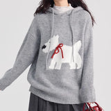 Dodobye Dog Printed Cute Hooded Sweater Knit Women Y2k Drawstring Long Sleeve Pullover Sweater Loose Casual Hoodies Fall Winter