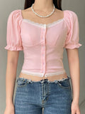 Dodobye Puff Sleeve Pink Slim Short Sleeve Knits