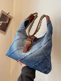 Dodobye Simple Casual Color Contrast Portable Large-Capacity Bag Female 2024 New Denim Tote Bag High-End Shoulder Bag