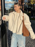 christmas outfit Dodobye 2024 New White Chic Women's Lamb Wool Cropped Coat Fashion Loose Zipper Lapel Full Sleeved Jackets Female Warm Casual Streetwear