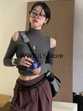 Dodobye Y2K Vintage Solid Turtleneck T Shirts Women Gothic Sexy Slim Crop Tops Elegant Hollow Out Long Sleeve Bottoming Tees 2025 Autumn