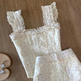 Dodobye Y2K Womens New Two Piece Set French Lace Splicing Polka Dot Suspenders Sexy Fashion Retro Harajuku Bow Cute Mini Skirt Tops Suit